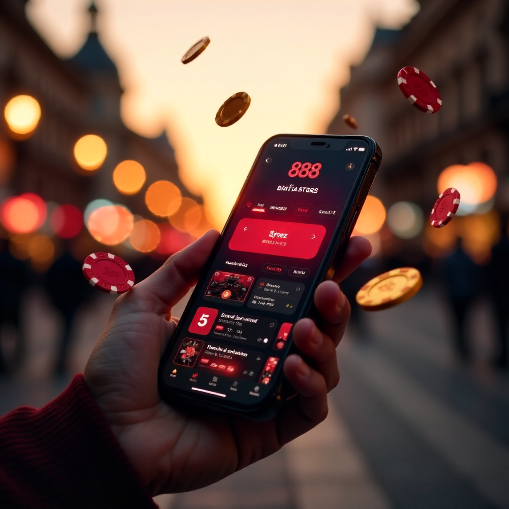 A premium smartphone in a hand with the 888starz app interface, background featuring a blurred Gran Vía in Madrid at sunset, 3D flying gold coins and red poker chips, brand colors red and black, hyper-realistic, 8k.